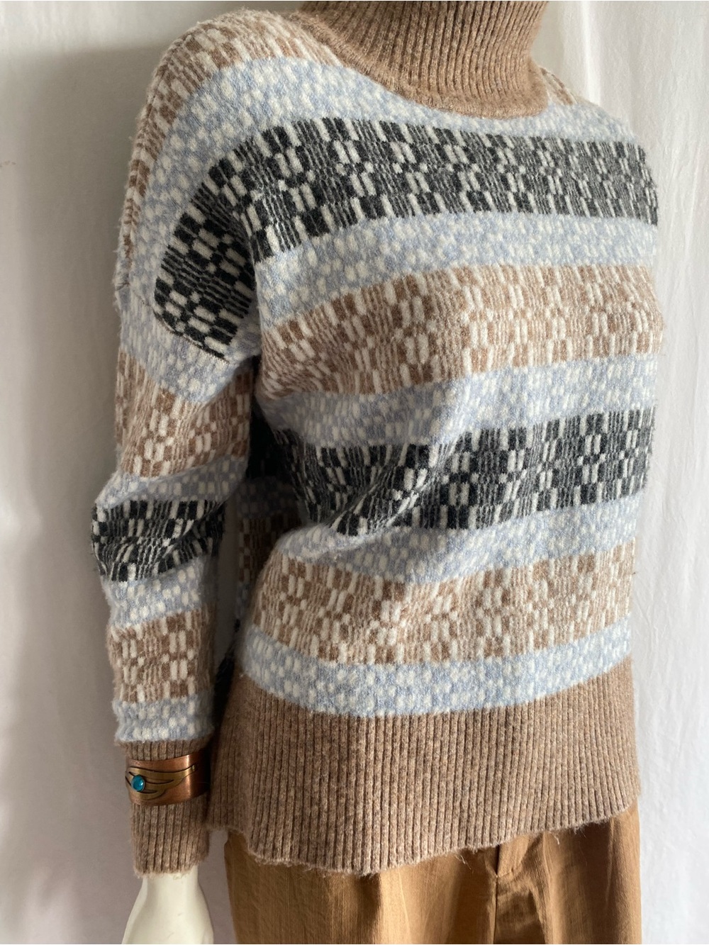 Hatley Camel Hair Wool Blend Geometric Mock Neck Sweater S Oversized